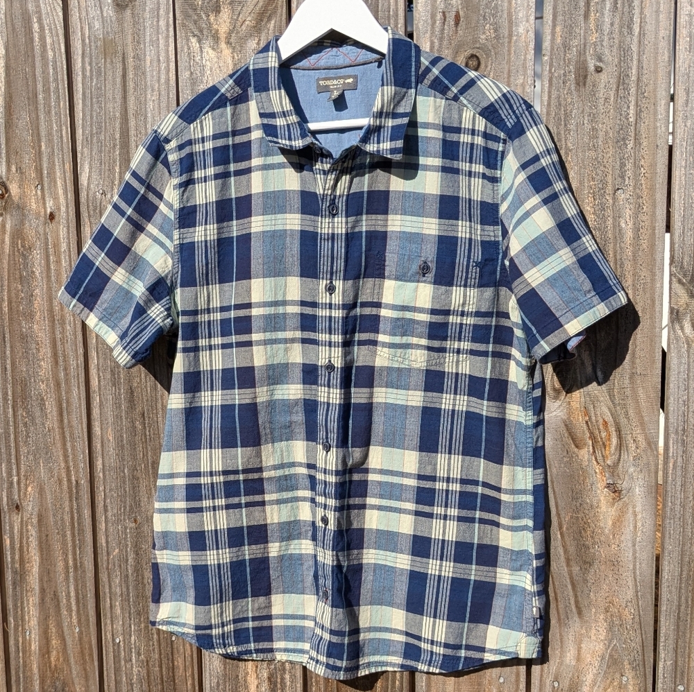 Toad&Co Large Slim Beckmen SS Blue Plaid Button-Down Shirt 100% Cotton Men's